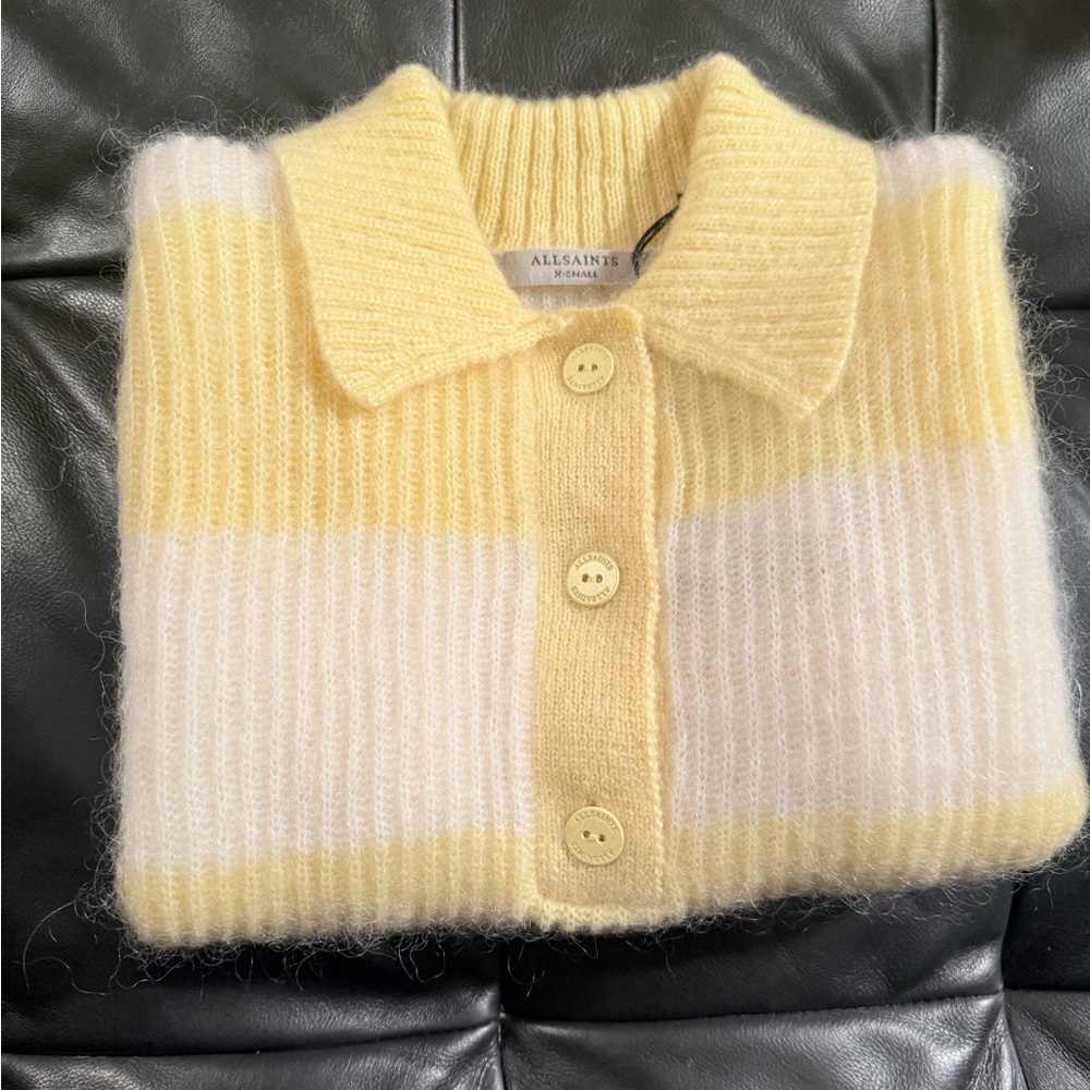 All Saints Women's Yellow & Cream Striped Polo Cardigan Sweater Size XSmall